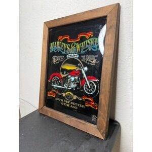 Harley Davidson Bar Mirror Unisex Medium Brown Good Vintage Wood Frame Whiskey